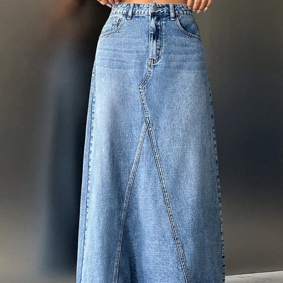 Boho blue jean denim high waisted maxi skirt - Picture 6 of 7